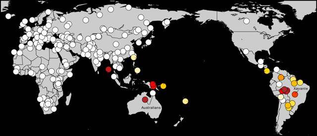 http://www.nbcnews.com/science/science-news/population-y-dna-links-amazon-natives-prehistoric-mystery-group-n395956 Oamenii de stiinta au descoperit legături genetice profunde între nativii amazoniene din America de Sud și Australasians, după cum este ilustrat această hartă (culori calde indica cele mai puternice afinități) în. Pontus Skoglund, Harvard Medical School