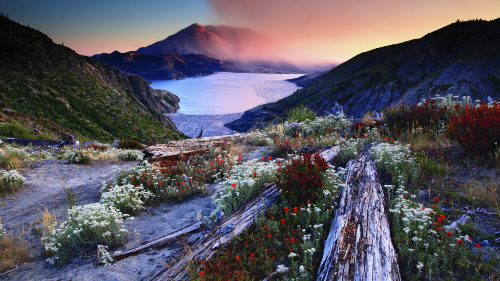Sunset over Mount St. Helens and Spirit Lake, from Norway Pass, Mount St. Helens National Volcanic Monument, Washington.