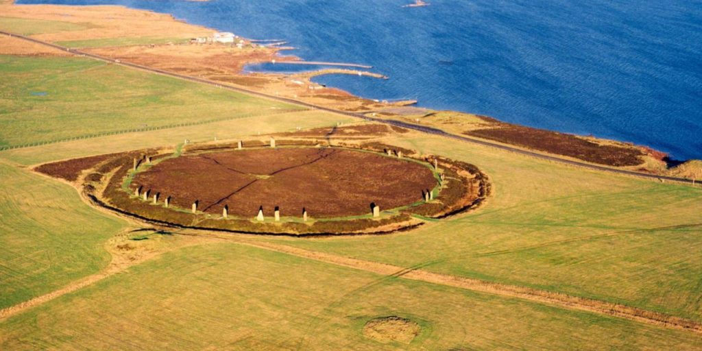 A5HFJ2 Ring of Brodgar prehistoric stone circle henge monument. Orkney Islands, Scotland. Aerial