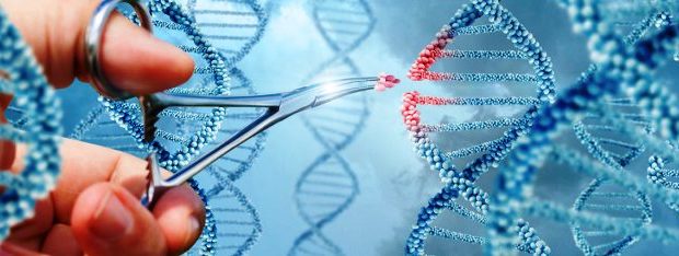 Hand inserts a molecule into DNA concept design.