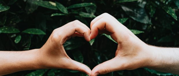 Young hands making a heart symbol in front of some green plants