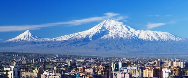 Mount Ararat and the Yerevan skyline in spring